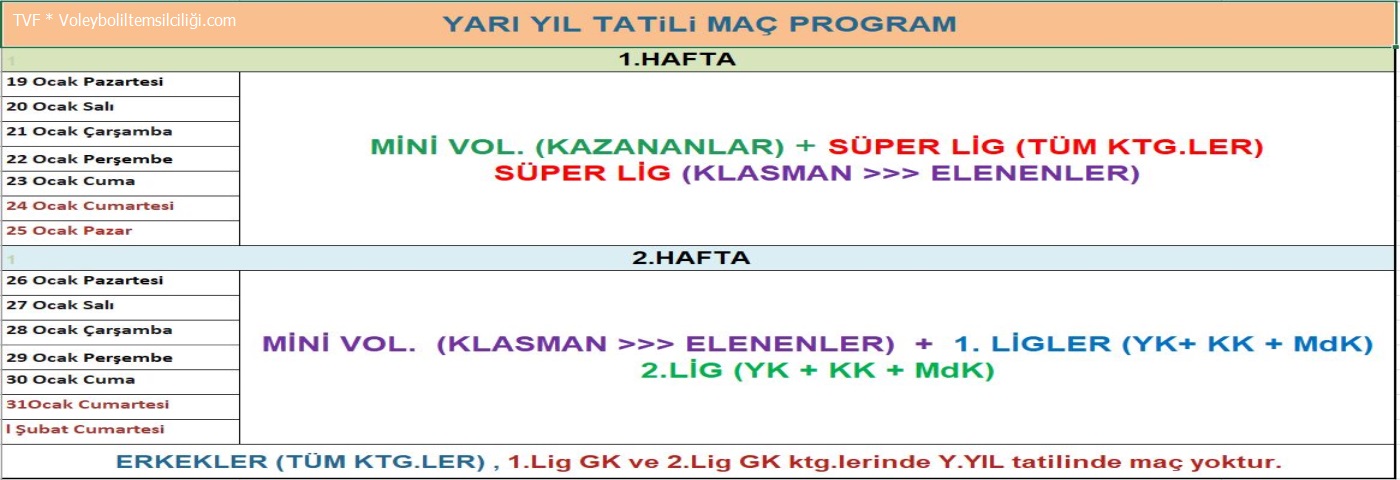 * Yarı Yıl Tatili Maç Programı